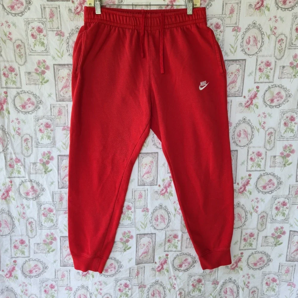 Nike Sweatpants Mens Medium Red Club Fleece Joggers Swoosh Logo